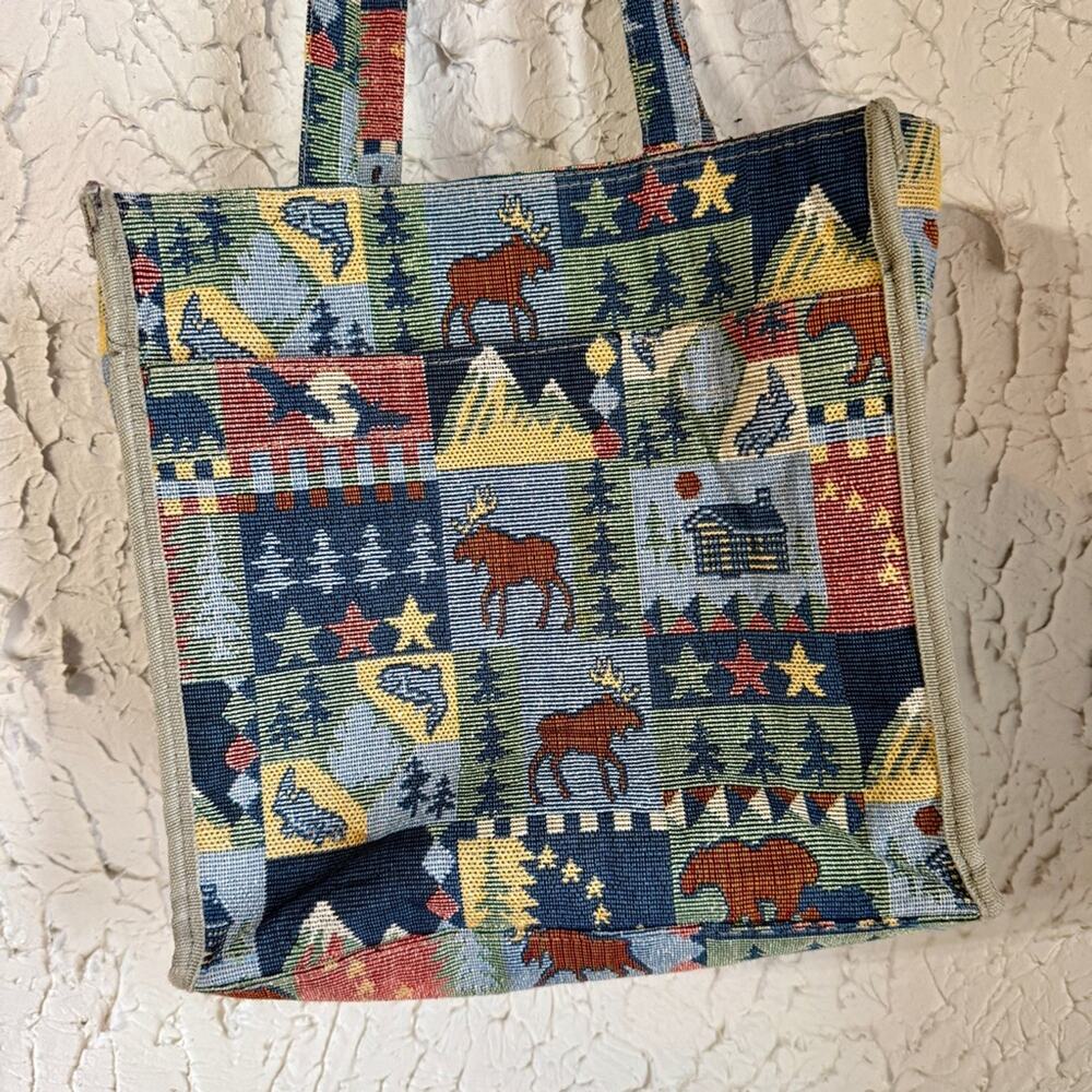 Vintage Tapestry Tote Bag Cabin Lodge Style | Moose Bear Mountain Print Shoulder - Picture 2 of 11